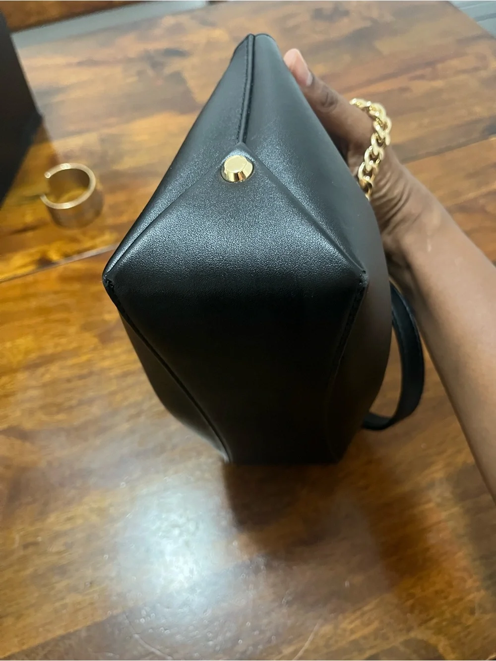 Michael Kors Black Leather Shoulder Tote with Gold Chain Accents